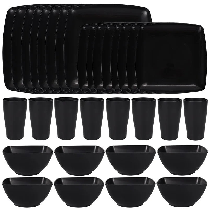 16/32Pcs Plastic Dinnerware Set - DurableDishwasher Safe Microwave Safe Stackable Includes Dinner Plates Salad Plates Snack Bowls - Blu Lotus Boutique