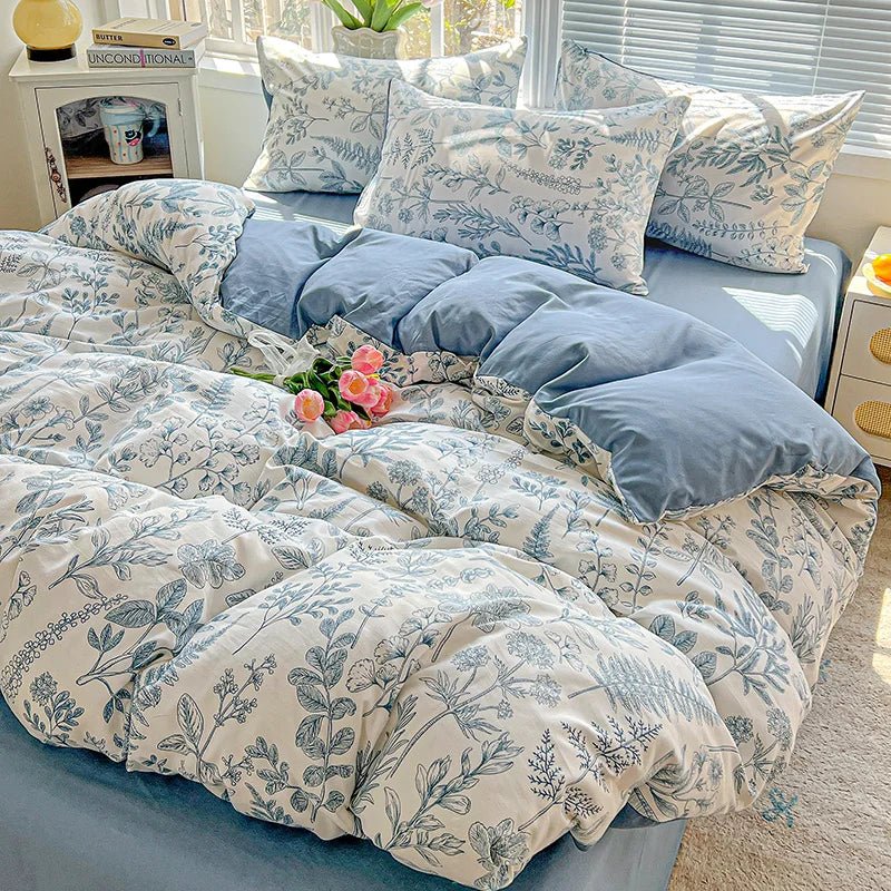 2025 Washed Cotton Double Yarn Single Quilt Cover Simple Wind Ins Wind Small Floral Korean Version Duvet Skin Friendly Bedding - Blu Lotus Boutique