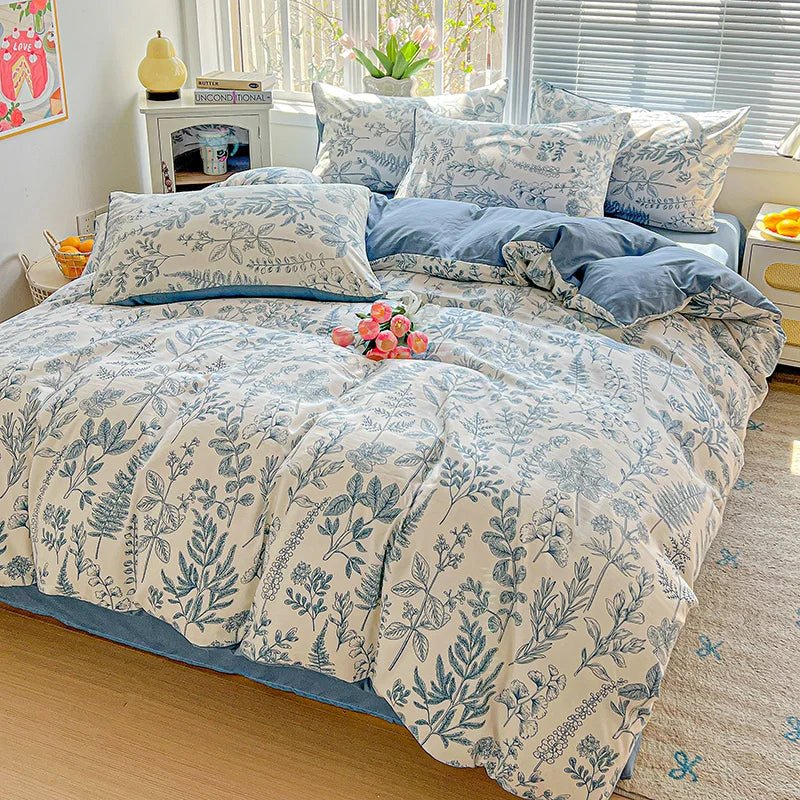 2025 Washed Cotton Double Yarn Single Quilt Cover Simple Wind Ins Wind Small Floral Korean Version Duvet Skin Friendly Bedding - Blu Lotus Boutique
