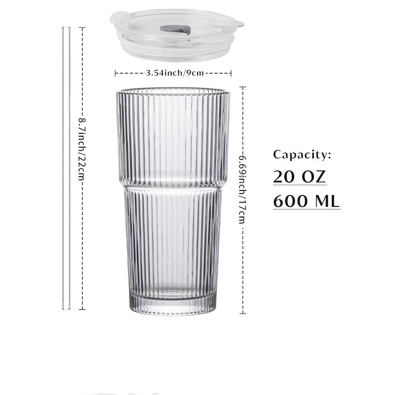 2pcs 20oz/600ml Glass Cups with Lid and Straw, Vintage Glass Cups Thickened Drinking Glasses,Thickened for iced coffees,cocktail - Blu Lotus Boutique