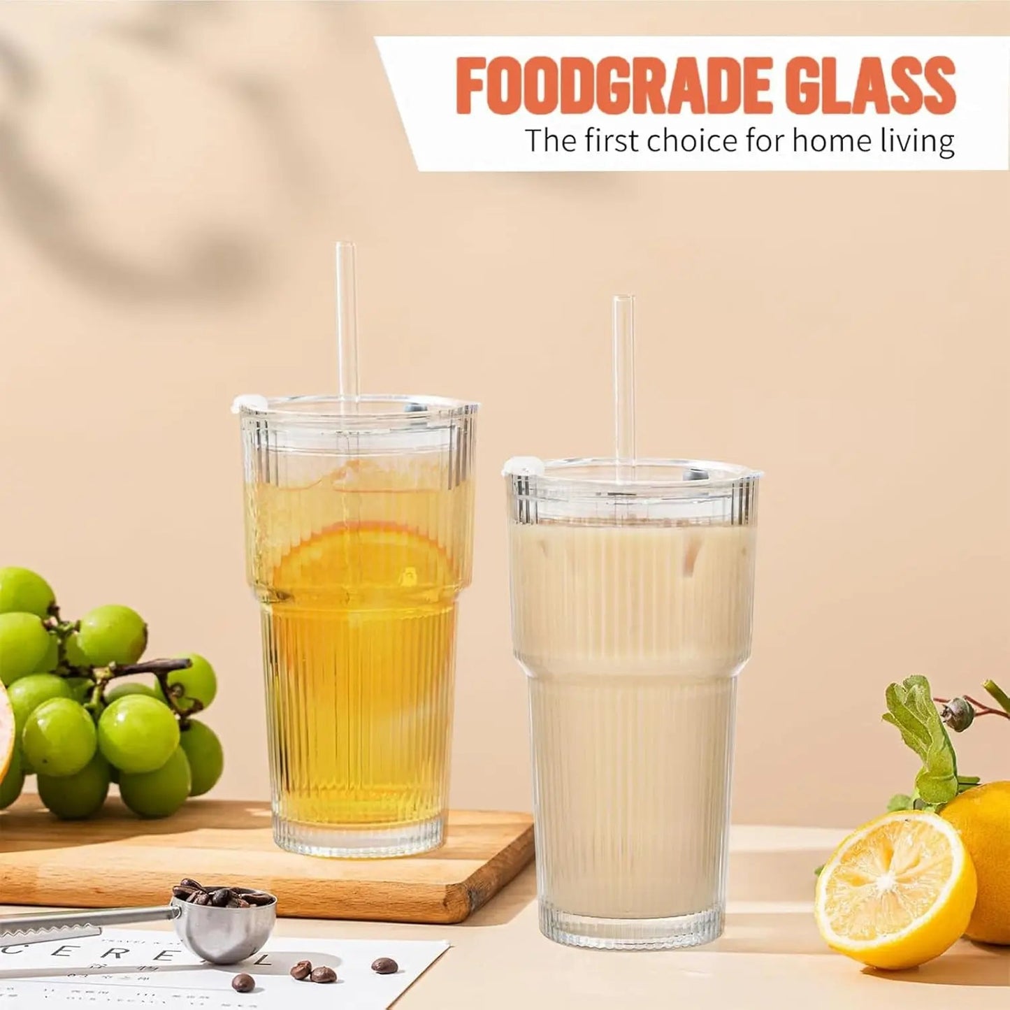 2pcs 20oz/600ml Glass Cups with Lid and Straw, Vintage Glass Cups Thickened Drinking Glasses,Thickened for iced coffees,cocktail - Blu Lotus Boutique