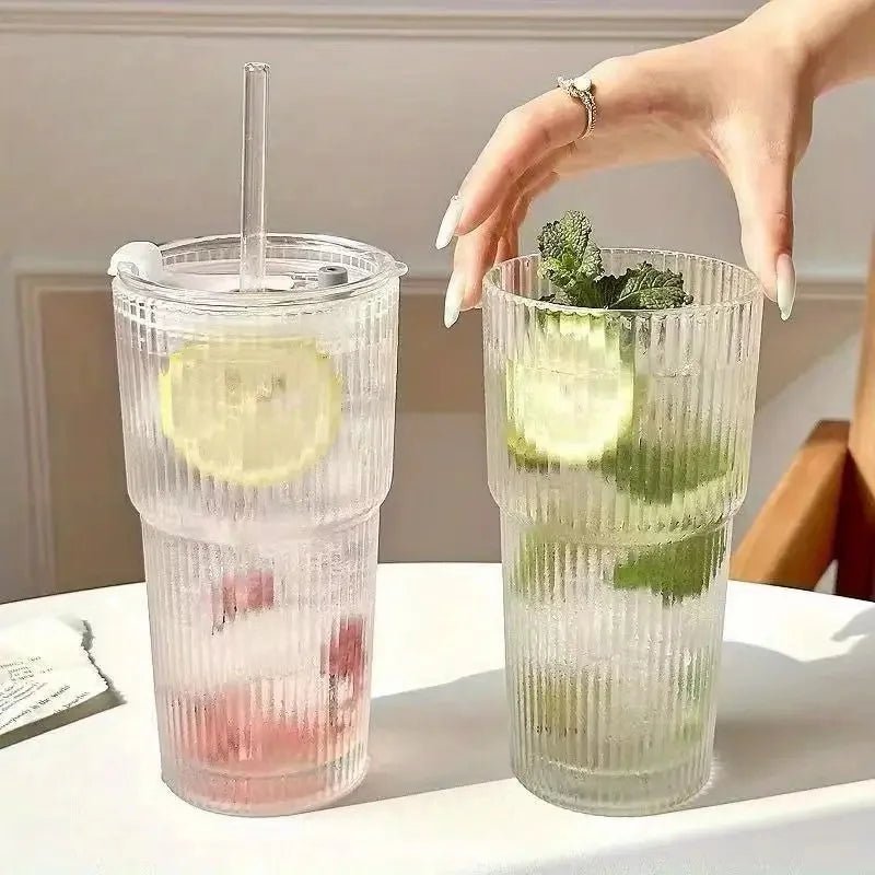 2pcs 20oz/600ml Glass Cups with Lid and Straw, Vintage Glass Cups Thickened Drinking Glasses,Thickened for iced coffees,cocktail - Blu Lotus Boutique