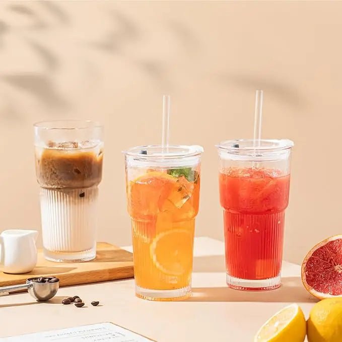 2pcs 20oz/600ml Glass Cups with Lid and Straw, Vintage Glass Cups Thickened Drinking Glasses,Thickened for iced coffees,cocktail - Blu Lotus Boutique