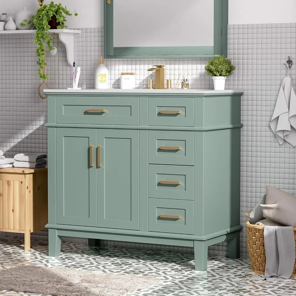 36 inch Bathroom Vanity with Sink, Modern Wood Bathroom Cabinet in Green, Bathroom Vanity Set with Tip - Out Drawer, 4 Drawers - Blu Lotus Boutique