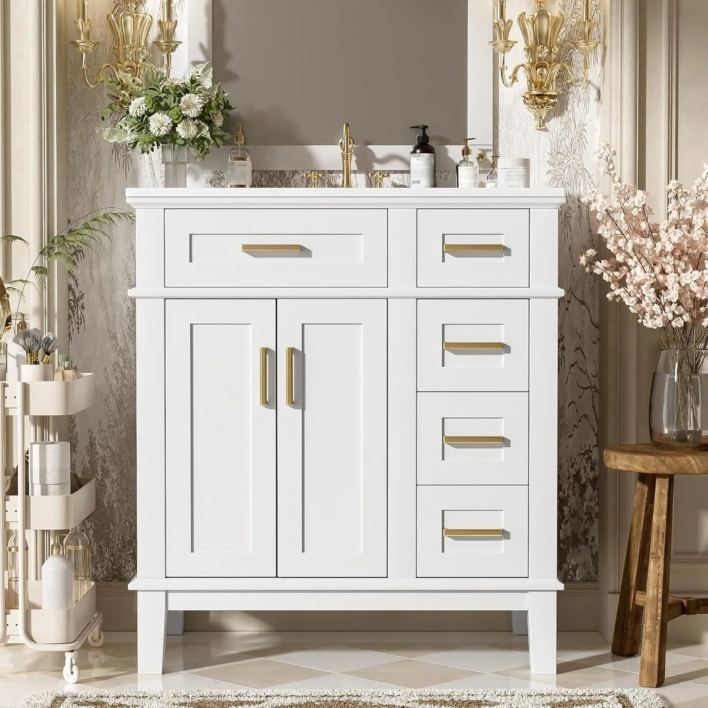 36 inch Bathroom Vanity with Sink, Modern Wood Bathroom Cabinet in Green, Bathroom Vanity Set with Tip - Out Drawer, 4 Drawers - Blu Lotus Boutique