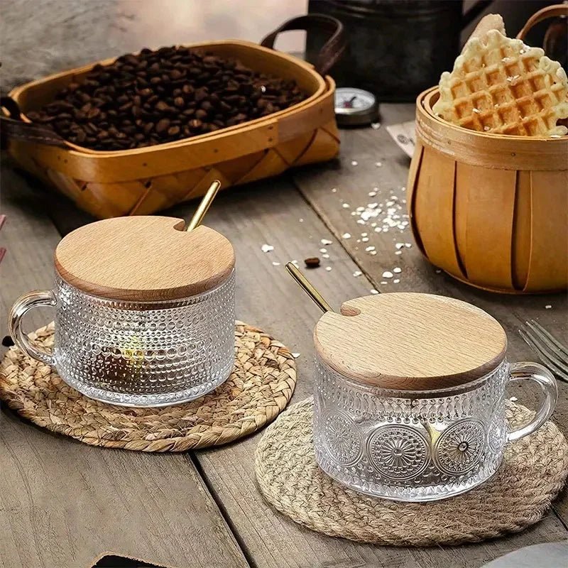 4 - piece set of 15.2oz/450ml glass cups and wooden lids, vintage glass coffee cups are perfect for cappuccinos, latte, cereal - Blu Lotus Boutique
