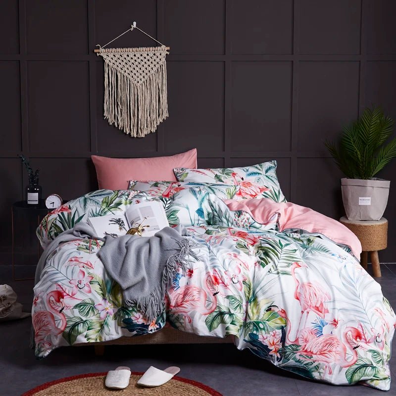 4/6Pcs Luxury Egyptian Cotton Soft Bedding Set Queen King Family size Bright Leaves Duvet Cover Flat sheet set Fitted sheet - Blu Lotus Boutique