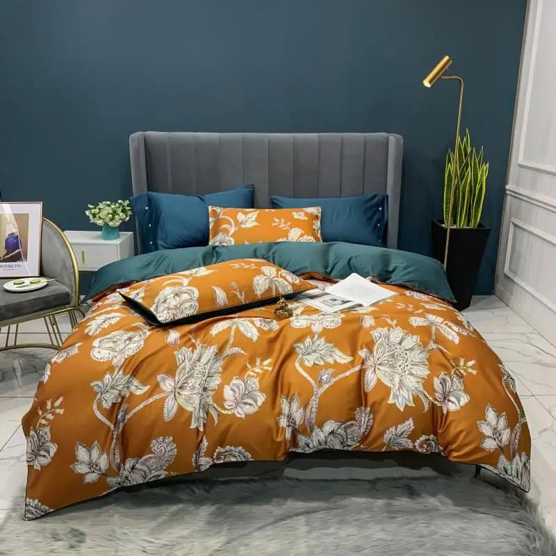 4/6Pcs Luxury Egyptian Cotton Soft Bedding Set Queen King Family size Bright Leaves Duvet Cover Flat sheet set Fitted sheet - Blu Lotus Boutique