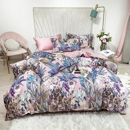 4/6Pcs Luxury Egyptian Cotton Soft Bedding Set Queen King Family size Bright Leaves Duvet Cover Flat sheet set Fitted sheet - Blu Lotus Boutique