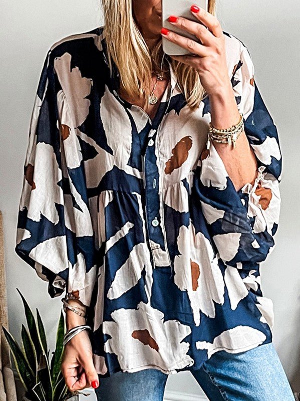 60s Flower Frill Neck Loose Blouse - Blu Lotus Boutique