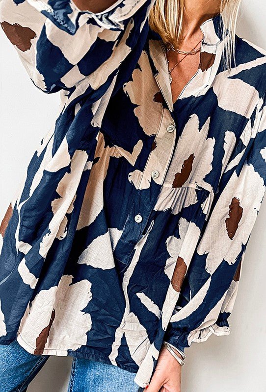 60s Flower Frill Neck Loose Blouse - Blu Lotus Boutique
