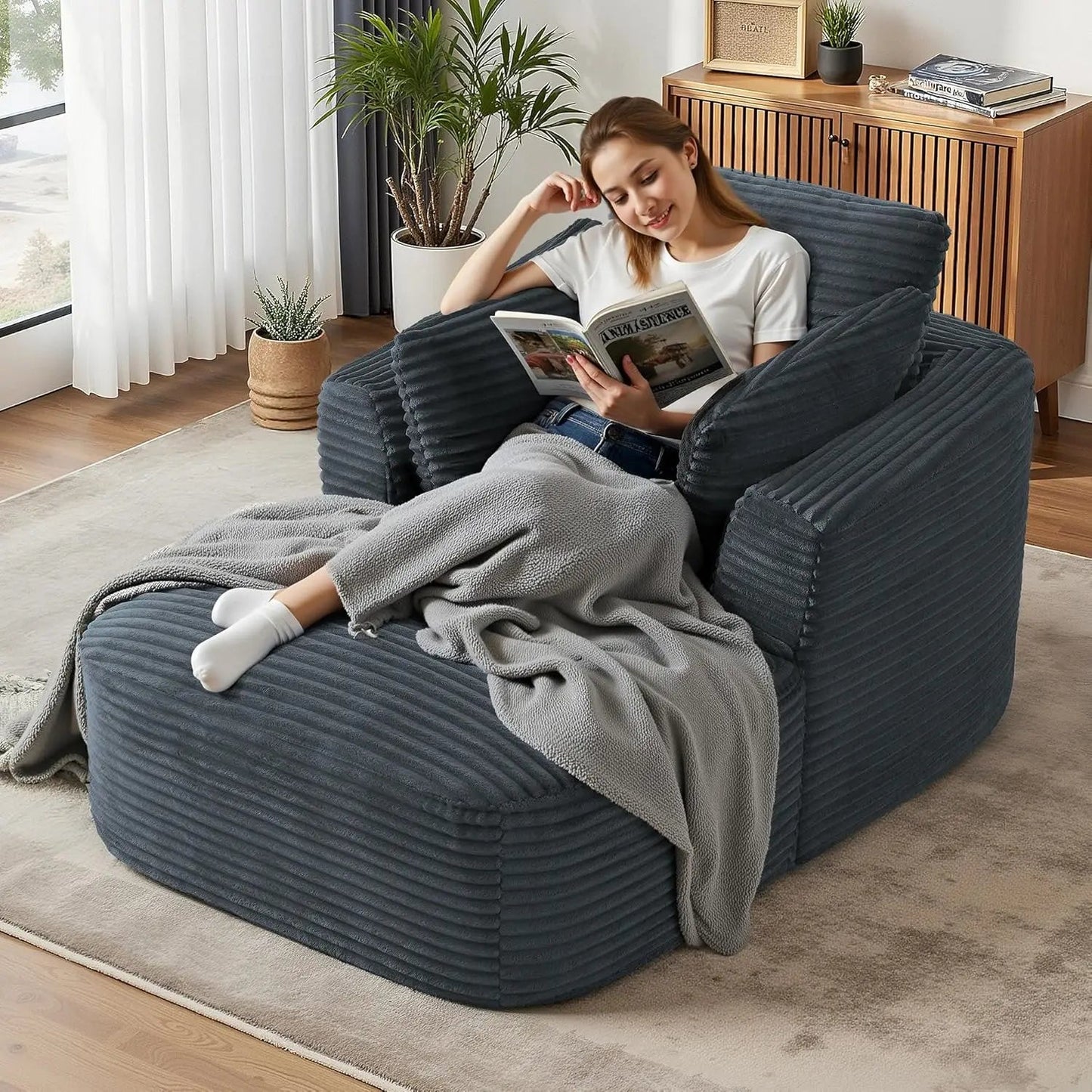 "65" Corduroy Boneless Sofa - Luxurious Oversized Chaise Lounge with Deep Seat, Reading/Sleeper Chair for Living Room" - Blu Lotus Boutique