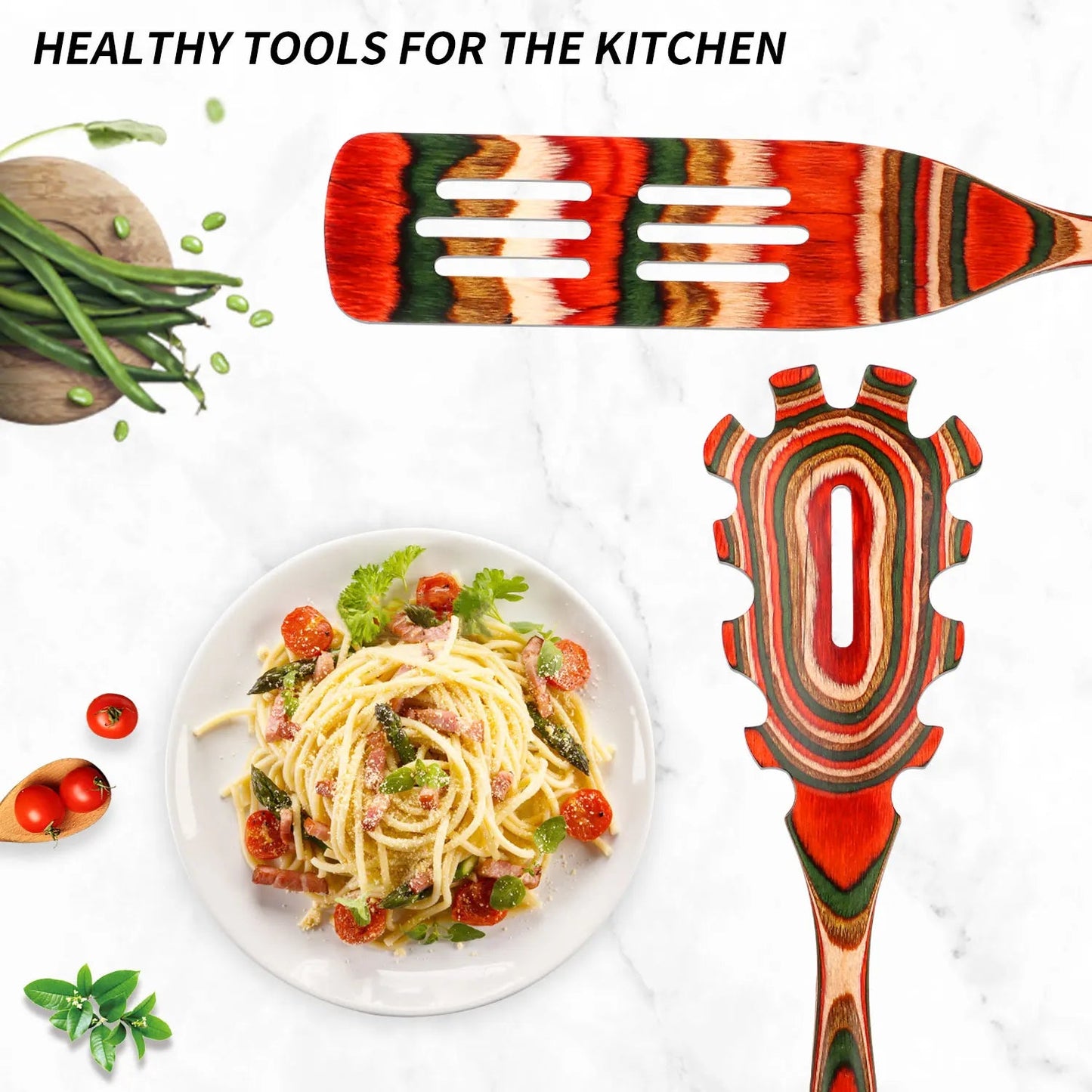 6pcs Kitchen Utensils Set, Pakkawood Spoons for Cooking,Wood Serving Spatula spoon, Salad Tongs(Orange red) - Blu Lotus Boutique