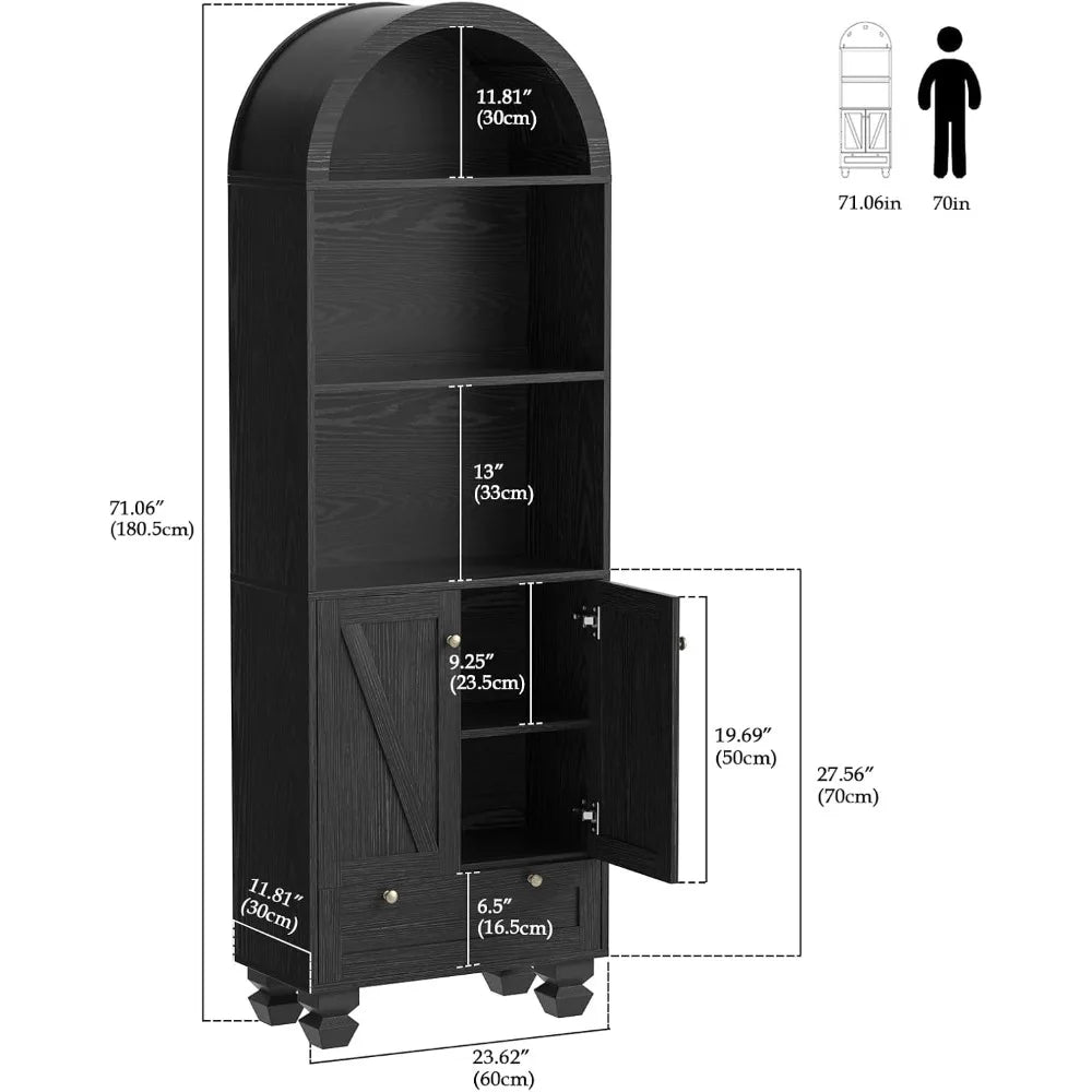 71" Tall Arched Bookshelf Two Doors 5 - Tier Storage Display Cabinet with Open Display Shelf & Drawer for Living Room, Dining Room - Blu Lotus Boutique