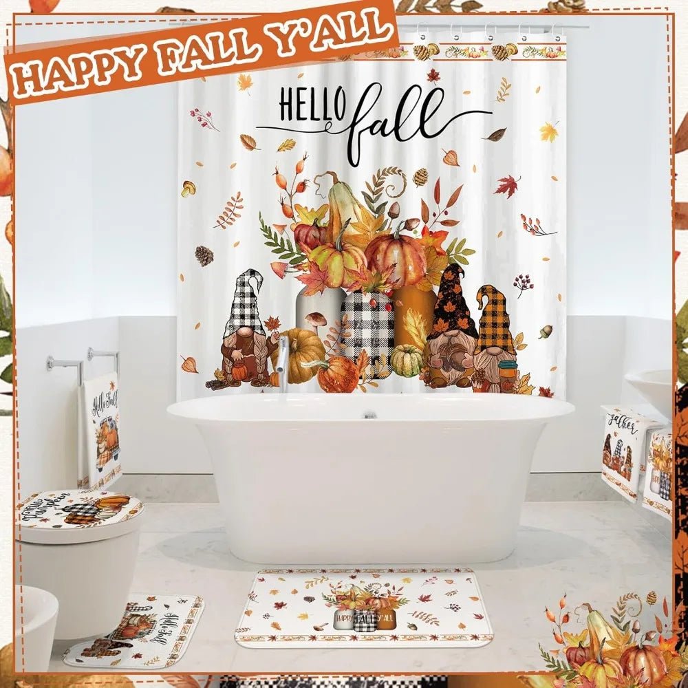 8 pcs hello fall shower curtain set for bathroom include harvest autumn gnome shower curtain towels non slip rugs toilet lid cov - Blu Lotus Boutique