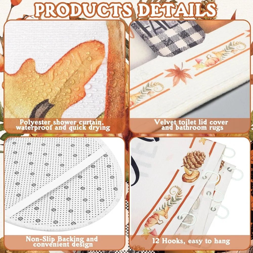 8 pcs hello fall shower curtain set for bathroom include harvest autumn gnome shower curtain towels non slip rugs toilet lid cov - Blu Lotus Boutique