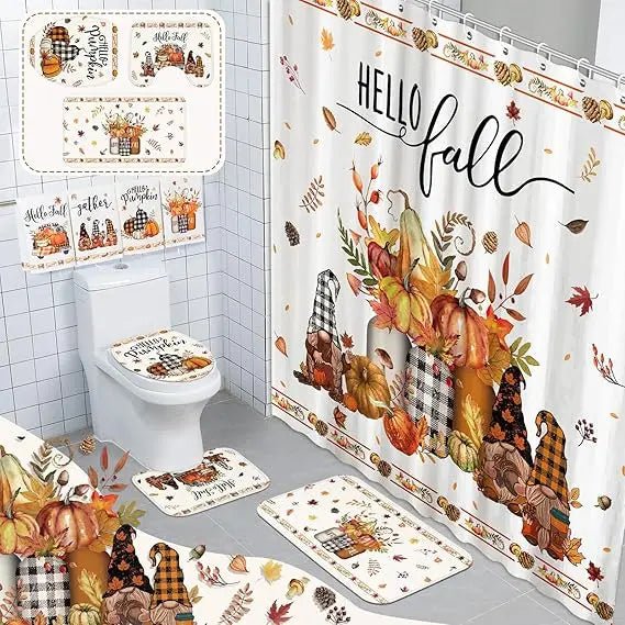 8 pcs hello fall shower curtain set for bathroom include harvest autumn gnome shower curtain towels non slip rugs toilet lid cov - Blu Lotus Boutique