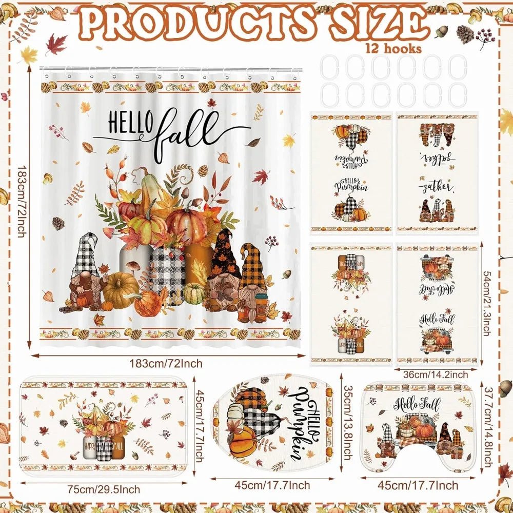 8 pcs hello fall shower curtain set for bathroom include harvest autumn gnome shower curtain towels non slip rugs toilet lid cov - Blu Lotus Boutique