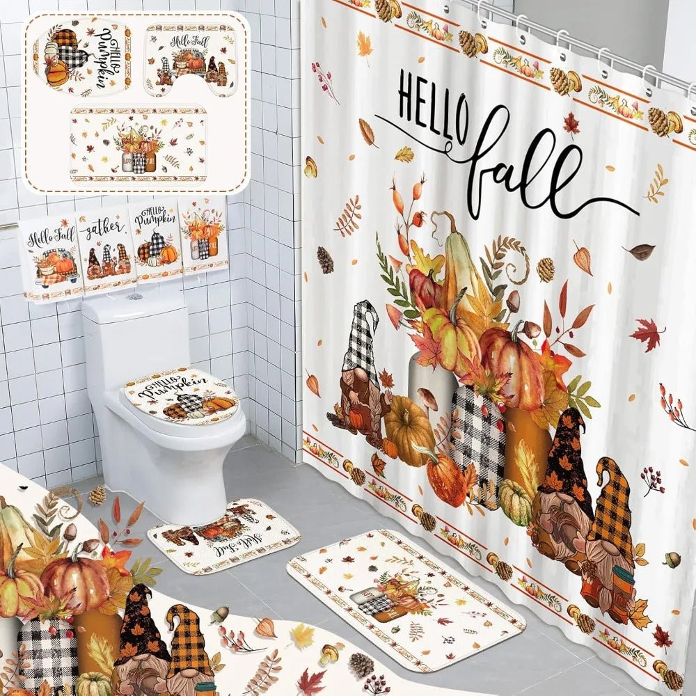 8 pcs hello fall shower curtain set for bathroom include harvest autumn gnome shower curtain towels non slip rugs toilet lid cov - Blu Lotus Boutique
