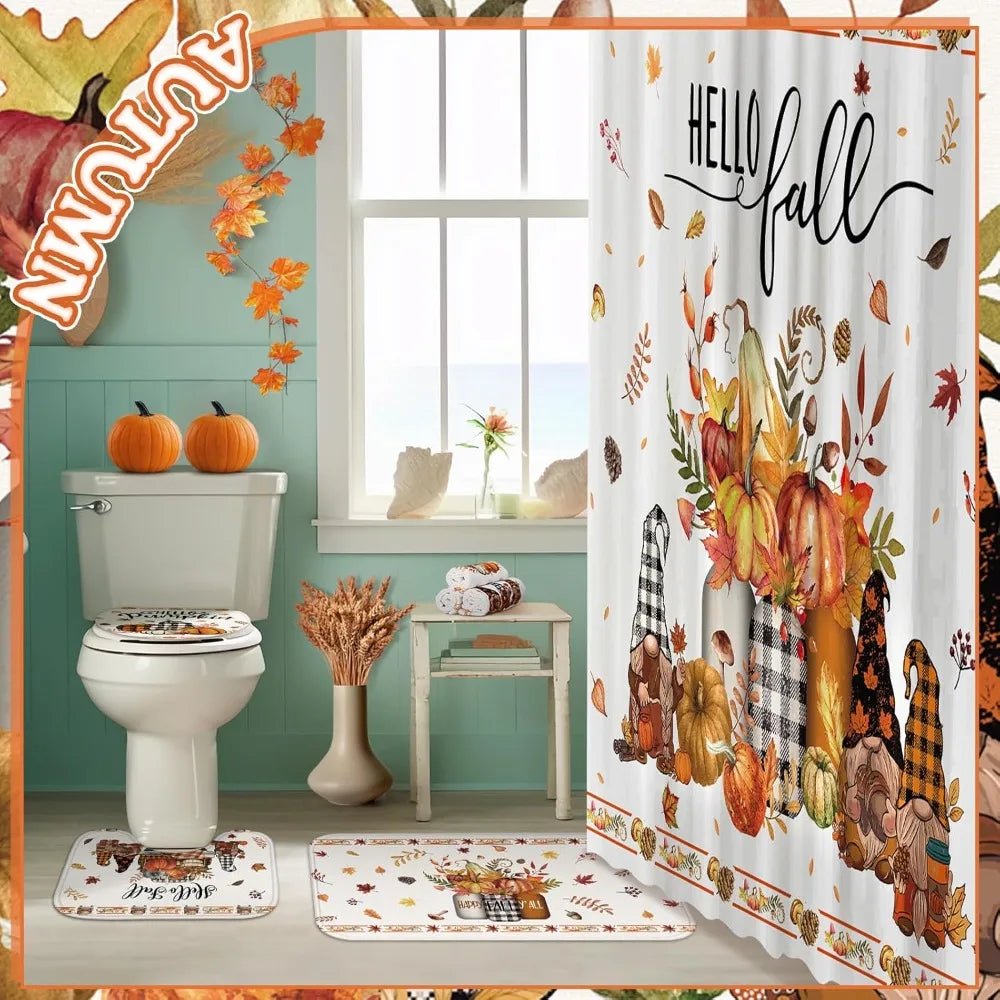 8 pcs hello fall shower curtain set for bathroom include harvest autumn gnome shower curtain towels non slip rugs toilet lid cov - Blu Lotus Boutique