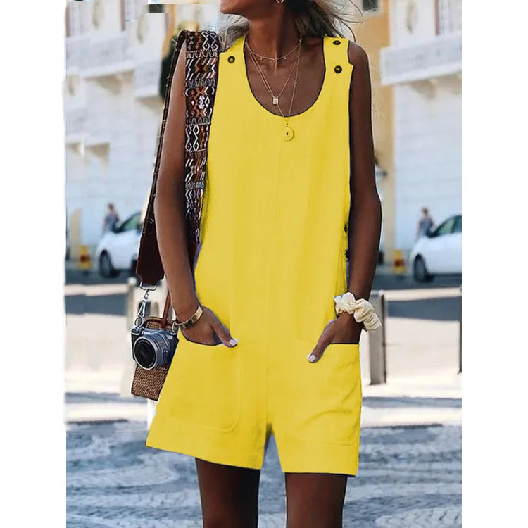 Women's Casual Button Pocket Jumsuit Female Ladies Summer Cotton Linen Vintage Shift Spaghetti-Strap Rompers Playsuits 2020