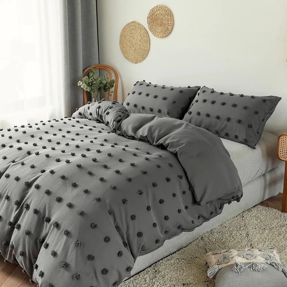 Bohemian Hairball Fluffy Comforter Cover Set All Season Queen Bedding Set with Quilt Cover and Pillowcase Double Duvet Cover Set