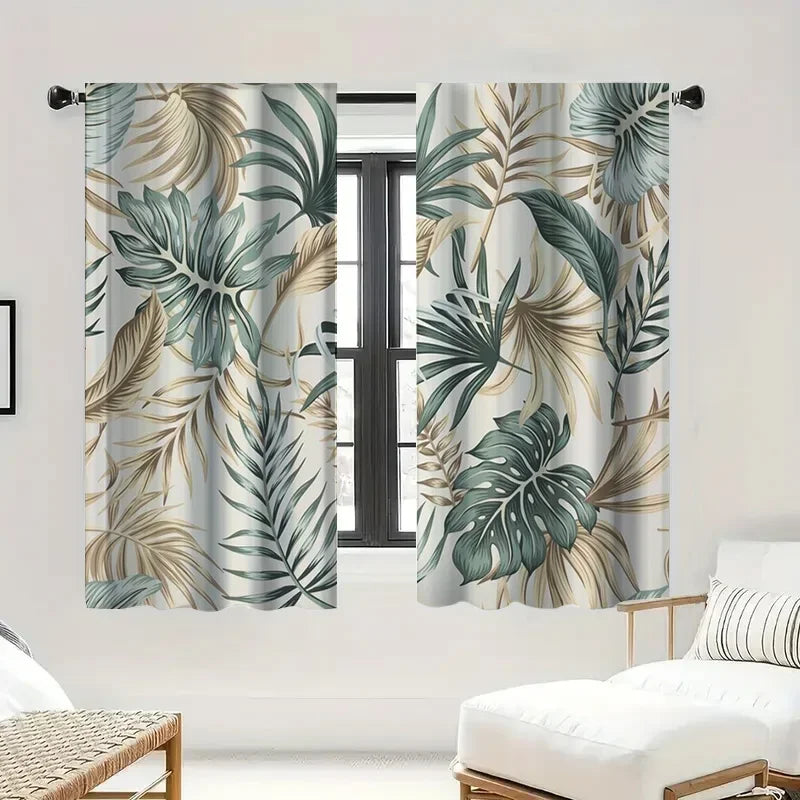 2pcs Tropical Leaf Sheer Curtains – Grey Voile Panels with Green & Brown Monstera Print, Nature-Inspired Light Filtering Drapes