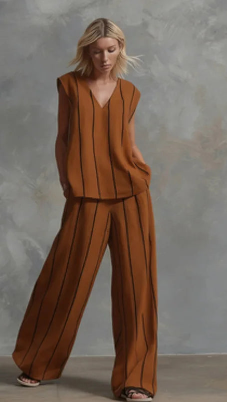 Black White Vertical Striped Loose Top+Wide Leg Pants Two-piece Summer Women's Loose Cotton Linen Trousers Set Костюм Женский