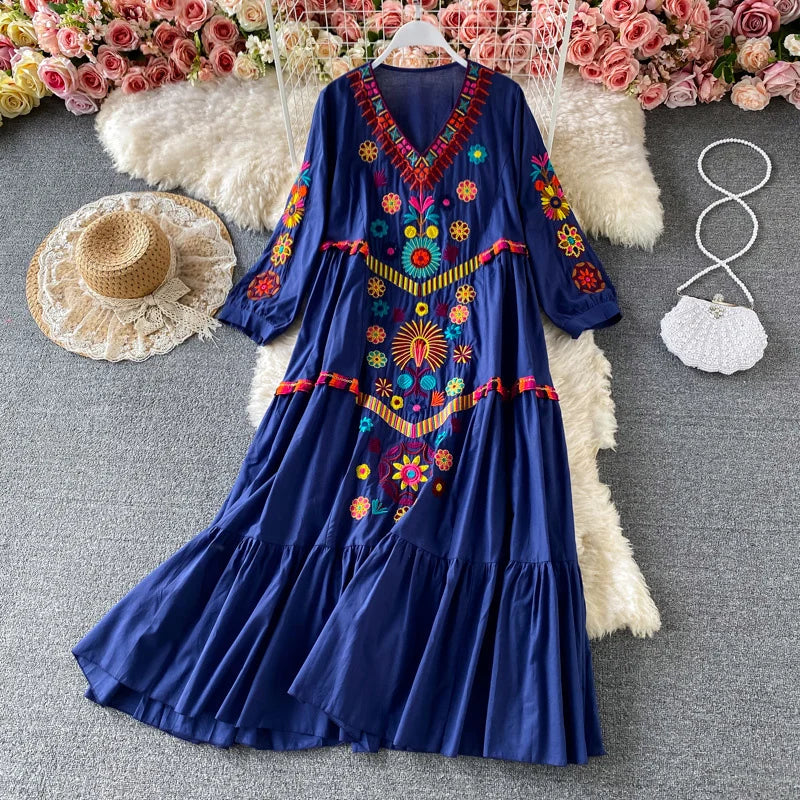 Vintage Women Dress Floral Embroidery Boho Dresses