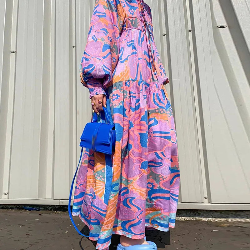 Floral Print Lace-Up Maxi Dress Casual Vintage Lantern Sleeve