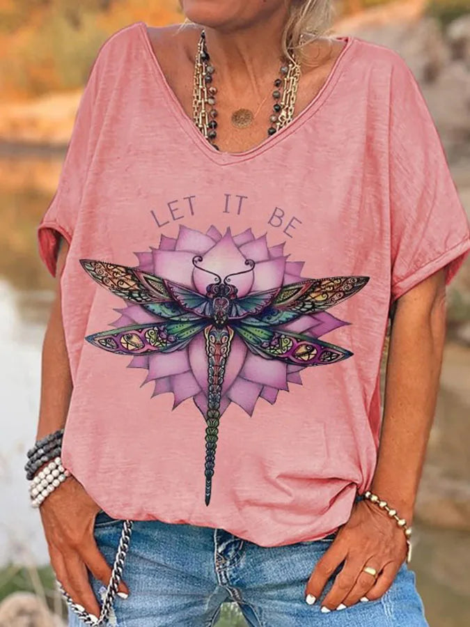 ilstile Hippie Let It Be Dragonfly Print T-Shirts Women's V Neck T Shirt Short Sleeve Tops Casual Tees Fashion Female clothing