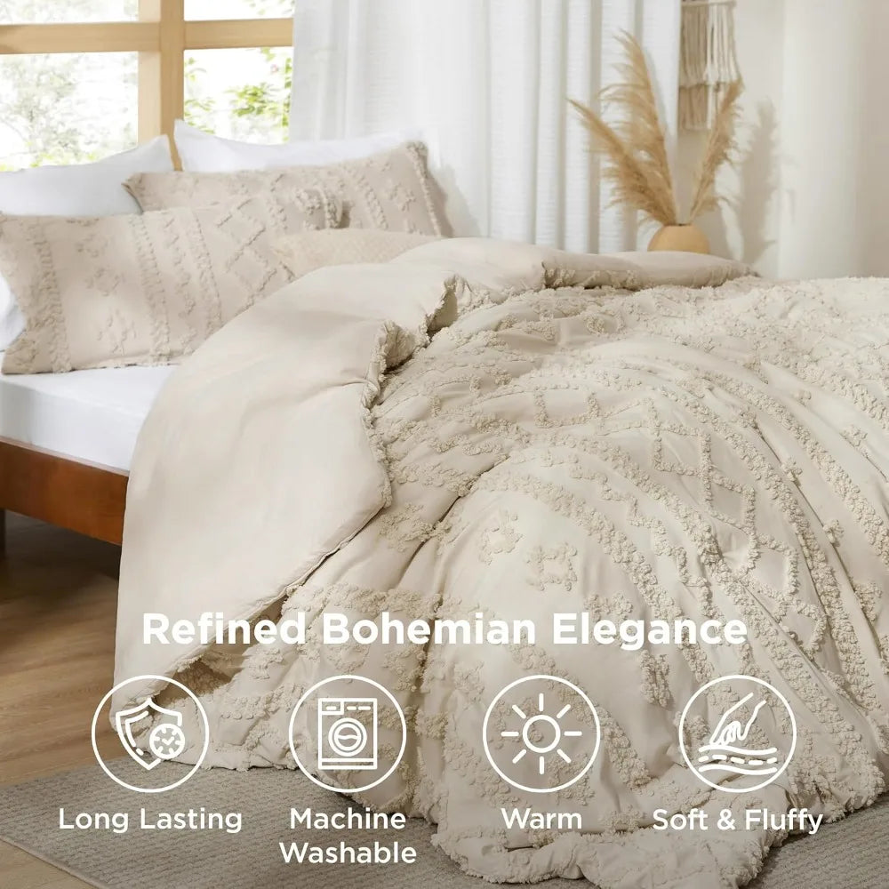 Bedsure Tufted Boho Comforter Set Queen Size - Beige Boho Bed Set, GentleSoft™ 3 Pieces Farmhouse Shabby Chic Embroidery
