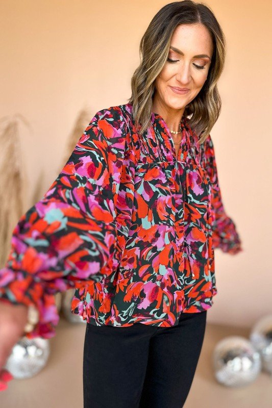 Abstract Floral Shirred Detail Puff Sleeve Blouse - Blu Lotus Boutique