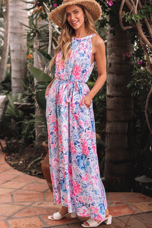 Adley Floral Sleeveless O Neck Knot Waist Maxi Dre - Blu Lotus Boutique