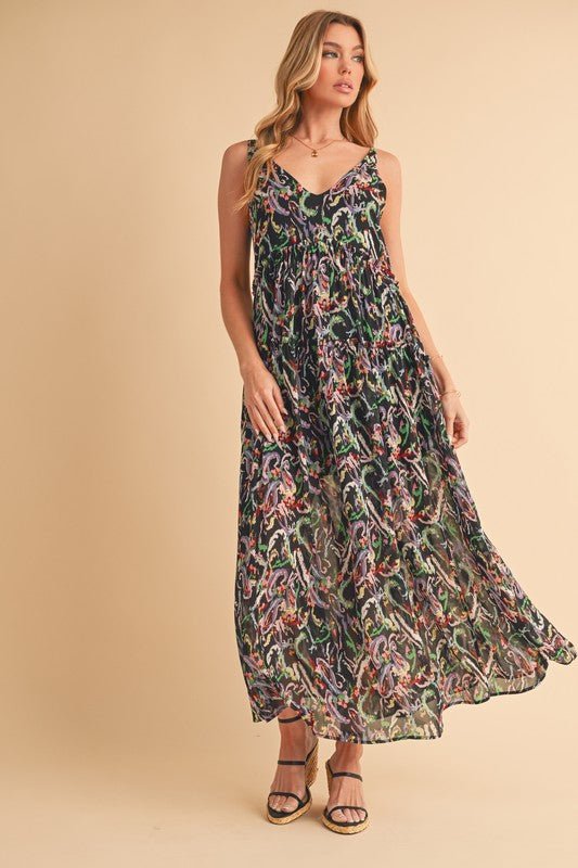 Aemi + Co Printed V - Neck Frill Tiered Cami Dress - Blu Lotus Boutique