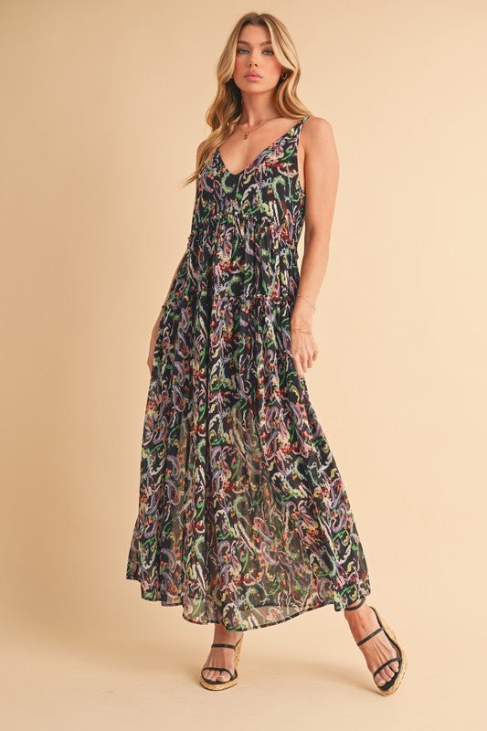 Aemi + Co Printed V - Neck Frill Tiered Cami Dress - Blu Lotus Boutique