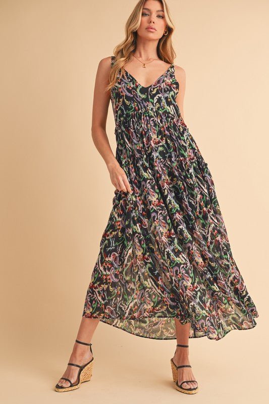 Aemi + Co Printed V - Neck Frill Tiered Cami Dress - Blu Lotus Boutique
