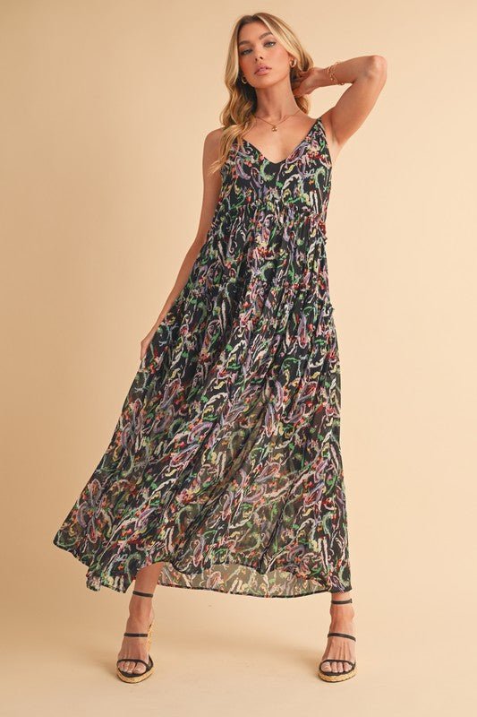 Aemi + Co Printed V - Neck Frill Tiered Cami Dress - Blu Lotus Boutique