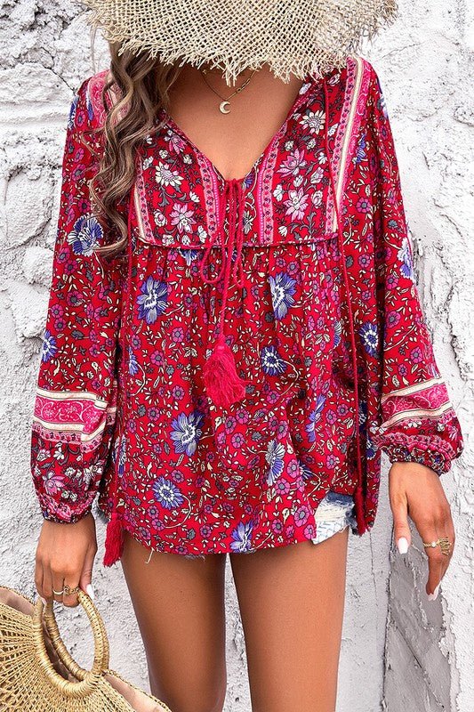 All Over Floral Print Cross Deep V Boho Top - Blu Lotus Boutique