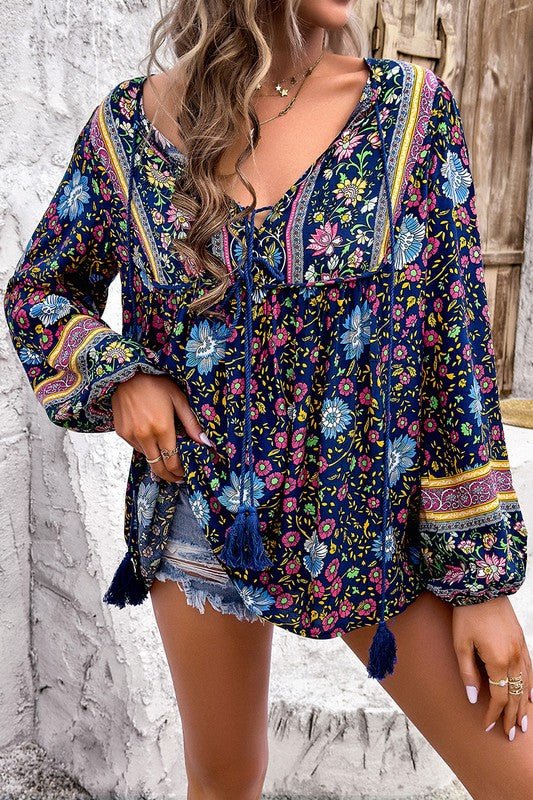 All Over Floral Print Cross Deep V Boho Top - Blu Lotus Boutique