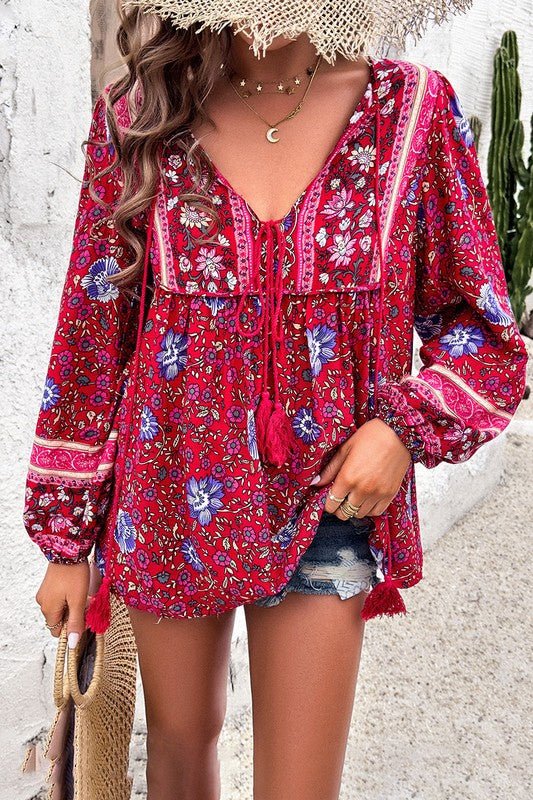 All Over Floral Print Cross Deep V Boho Top - Blu Lotus Boutique