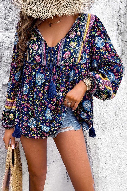 All Over Floral Print Cross Deep V Boho Top - Blu Lotus Boutique
