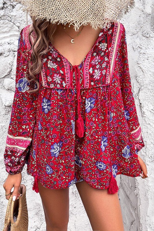All Over Floral Print Cross Deep V Boho Top - Blu Lotus Boutique