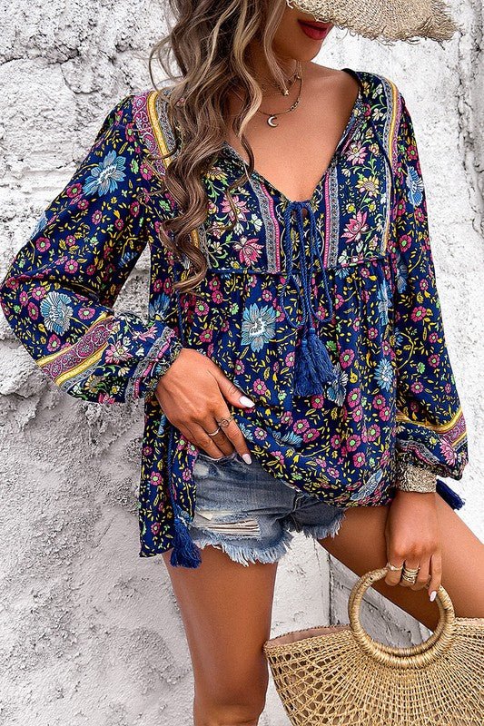 All Over Floral Print Cross Deep V Boho Top - Blu Lotus Boutique