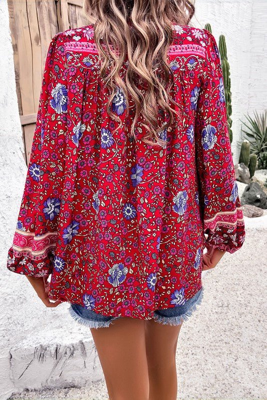 All Over Floral Print Cross Deep V Boho Top - Blu Lotus Boutique