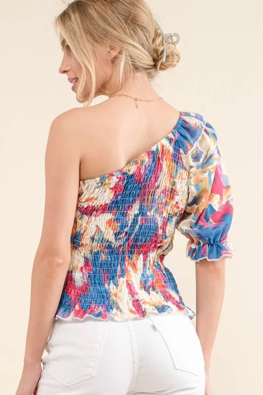 And The Why Allover Floral Print Smocked One Shoulder Blouse - Blu Lotus Boutique