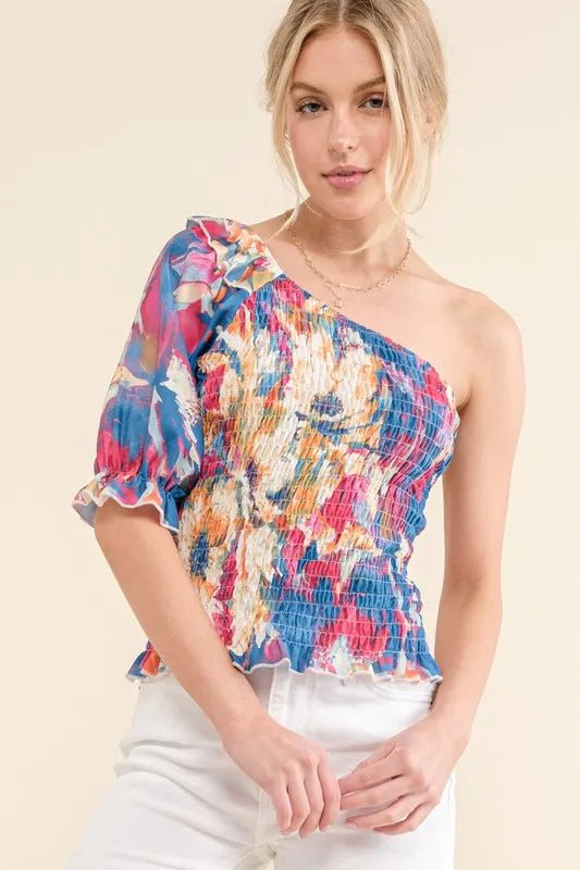 And The Why Allover Floral Print Smocked One Shoulder Blouse - Blu Lotus Boutique