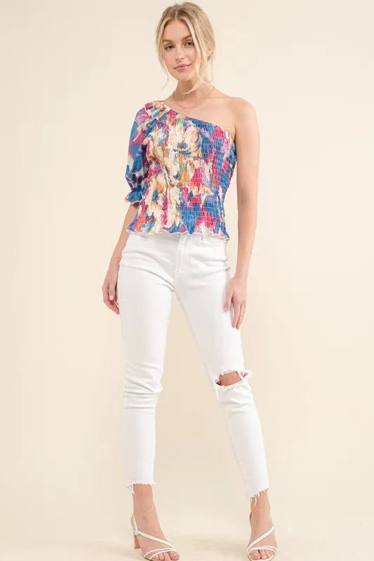 And The Why Allover Floral Print Smocked One Shoulder Blouse - Blu Lotus Boutique