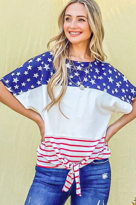 And The Why American Flag Print Tie Knot Front Casual Top - Blu Lotus Boutique