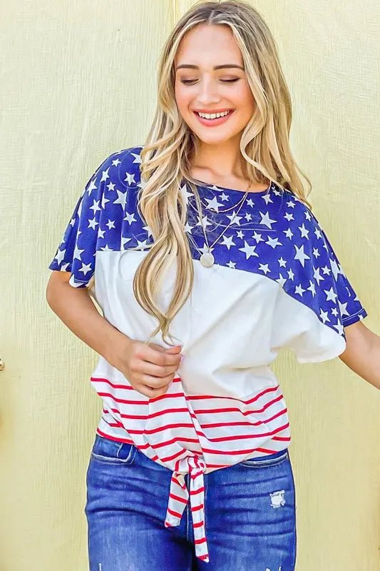 And The Why American Flag Print Tie Knot Front Casual Top - Blu Lotus Boutique